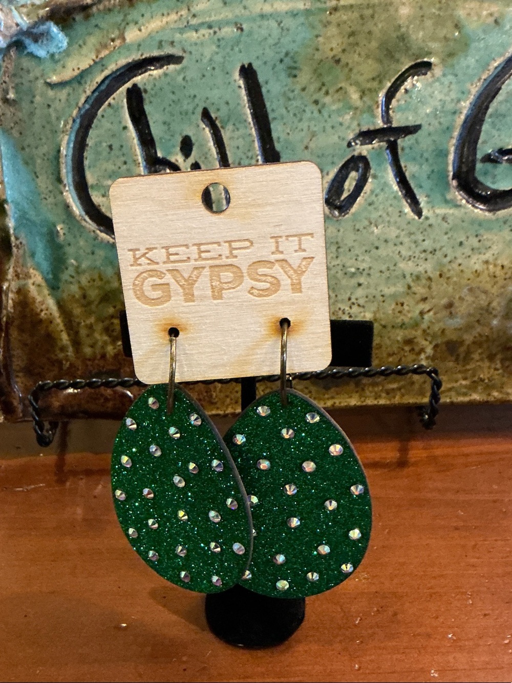 Keep It Gypsy Green Teardrop Earrings with Sparkle